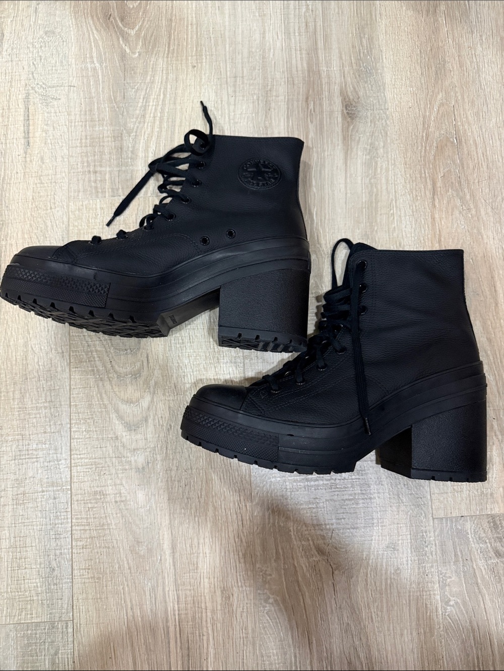 Converse Black Leather Platform Lace-Up Heeled Boots De Luxe Unisex M11 W13